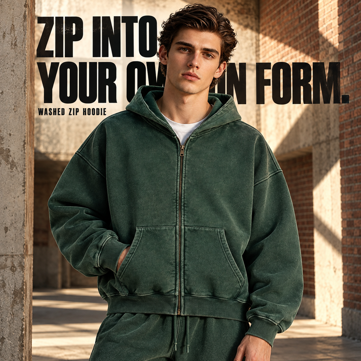 A1610 Forest Green washed fleece full-zip hoodie, front styling view