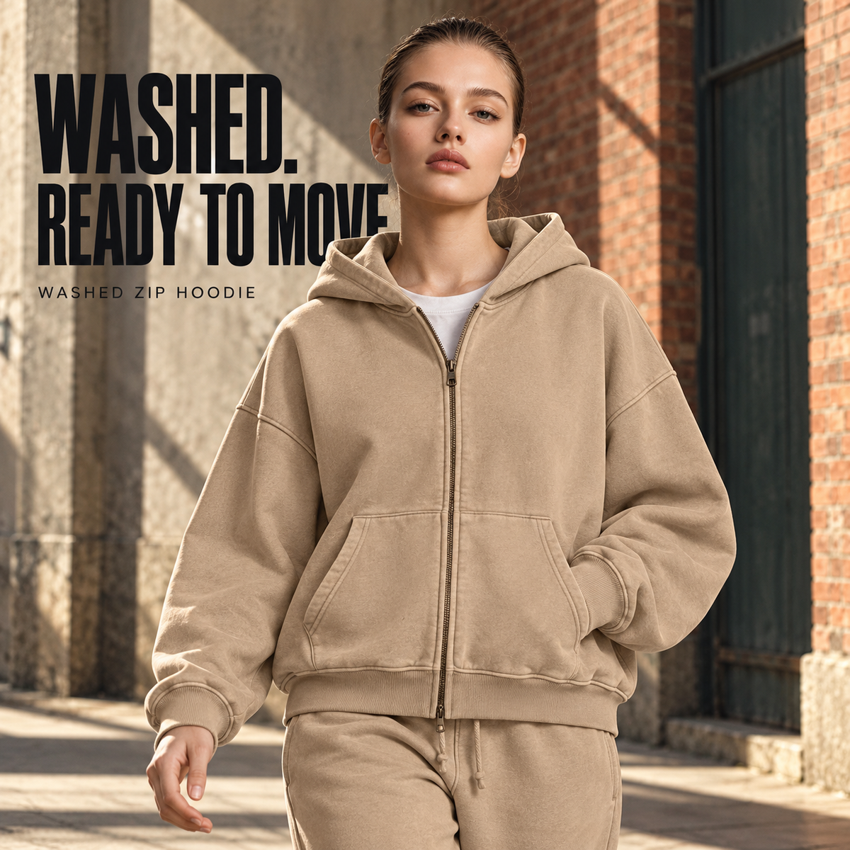 A1610 Khaki washed fleece full-zip hoodie, alternate styling view