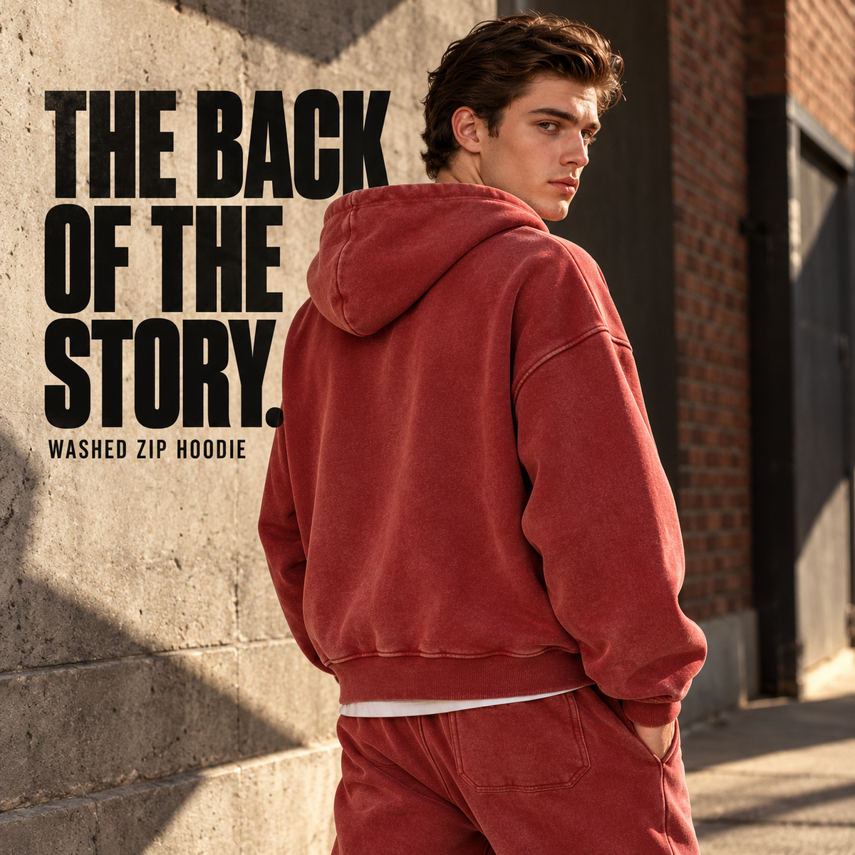 A1610 Rust Red washed fleece full-zip hoodie, rear or three-quarter styling view