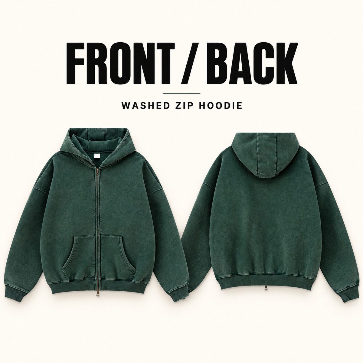 A1610 washed fleece full-zip hoodie, front and back garment construction