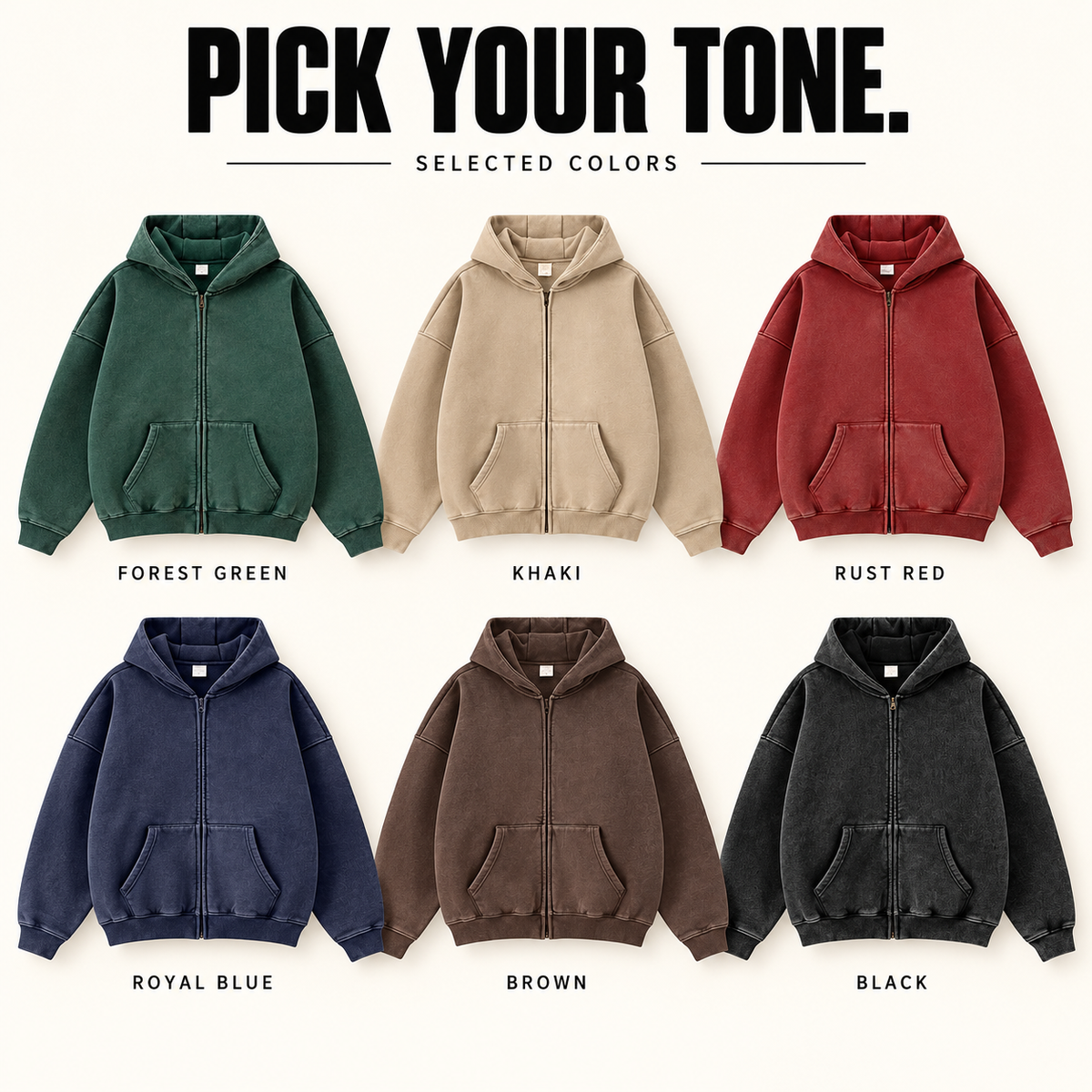 A1610 washed fleece full-zip hoodie, ready-stock color selection
