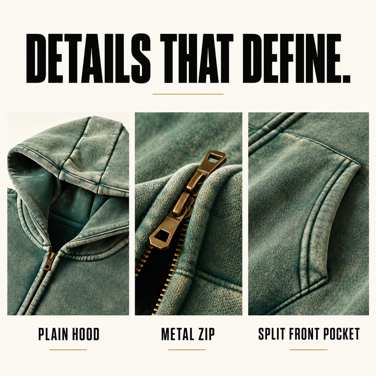 A1610 washed fleece full-zip hoodie, close-up construction details