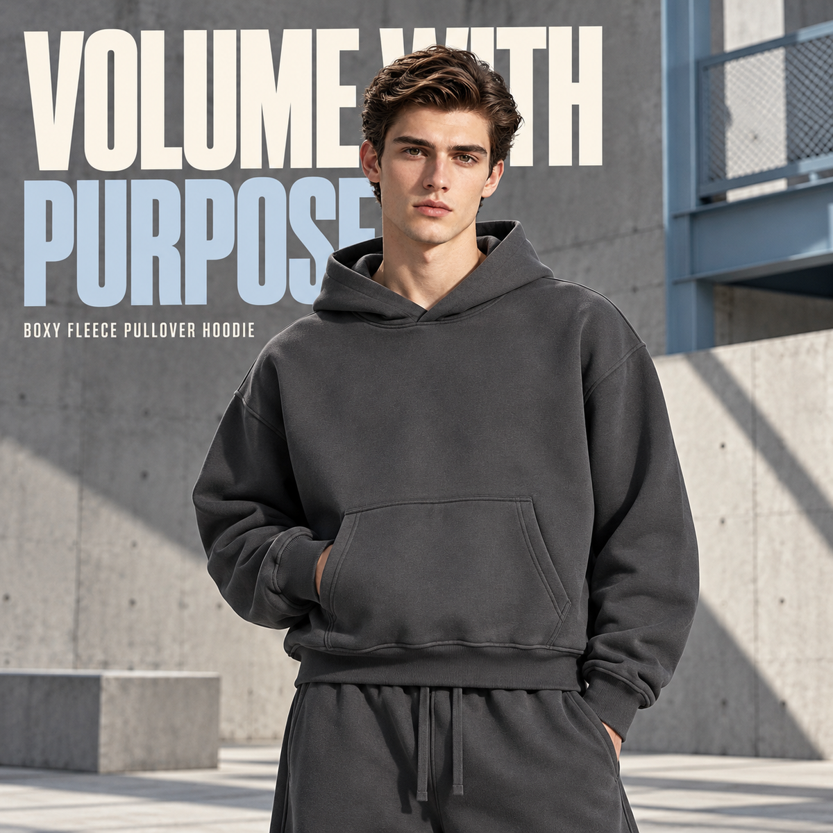 A16362 Dark Grey boxy fleece pullover hoodie, front styling view