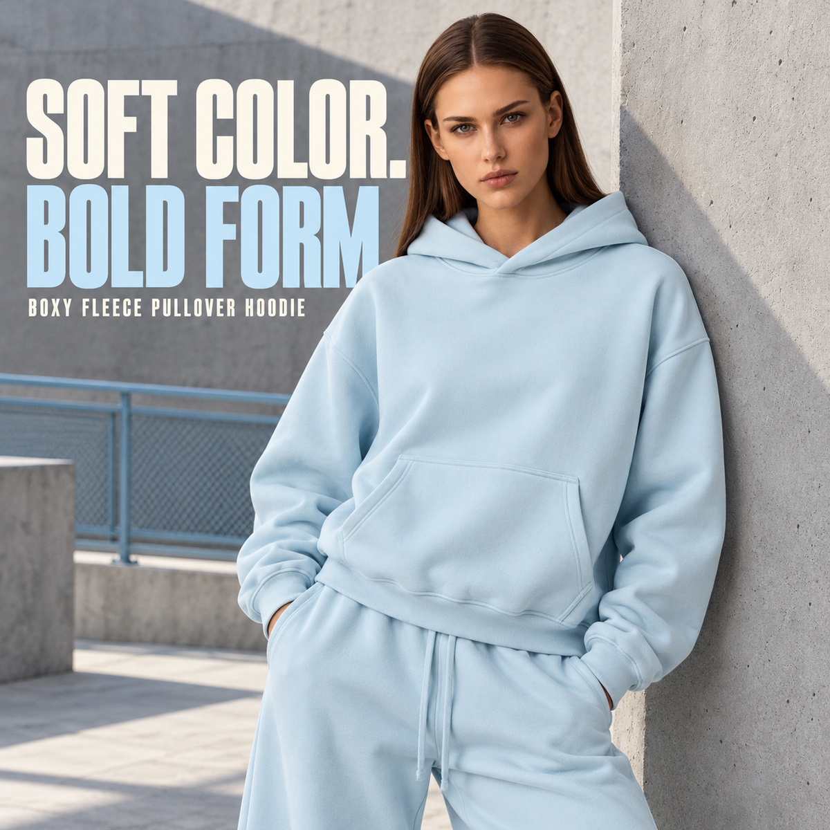A16362 Baby Blue boxy fleece pullover hoodie, alternate styling view