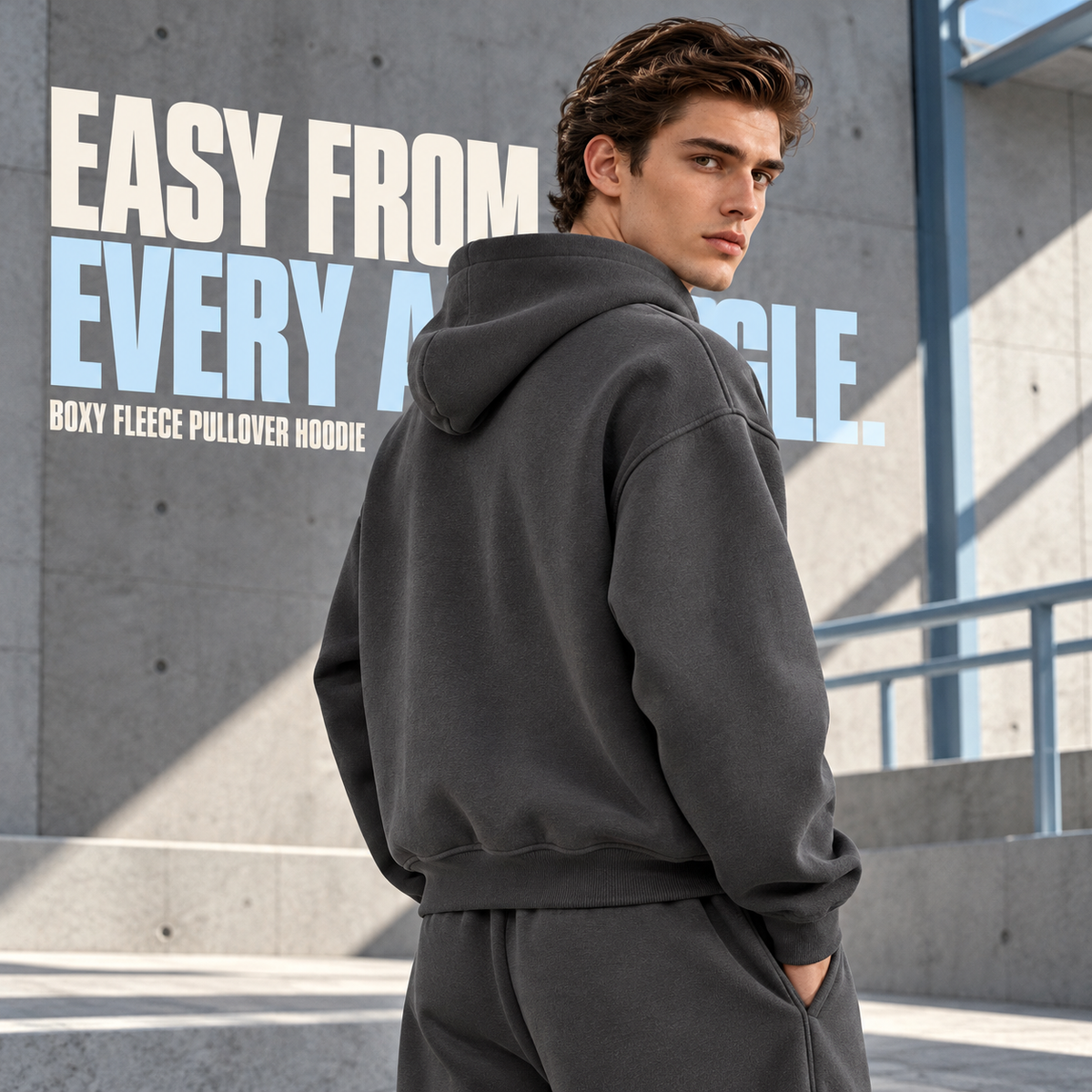 A16362 Dark Grey boxy fleece pullover hoodie, rear or three-quarter styling view