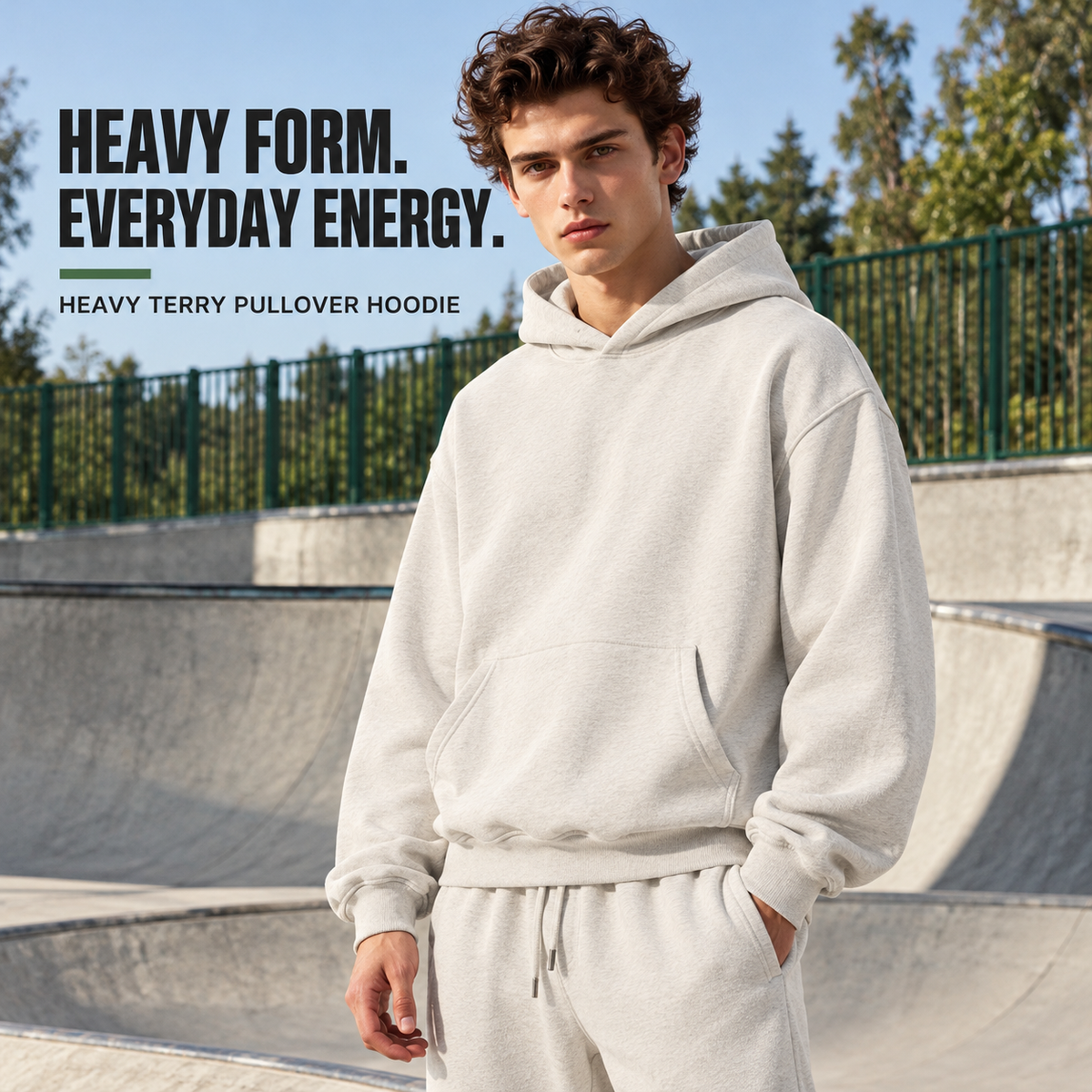 A1700 Oat Grey heavy terry pullover hoodie, front styling view