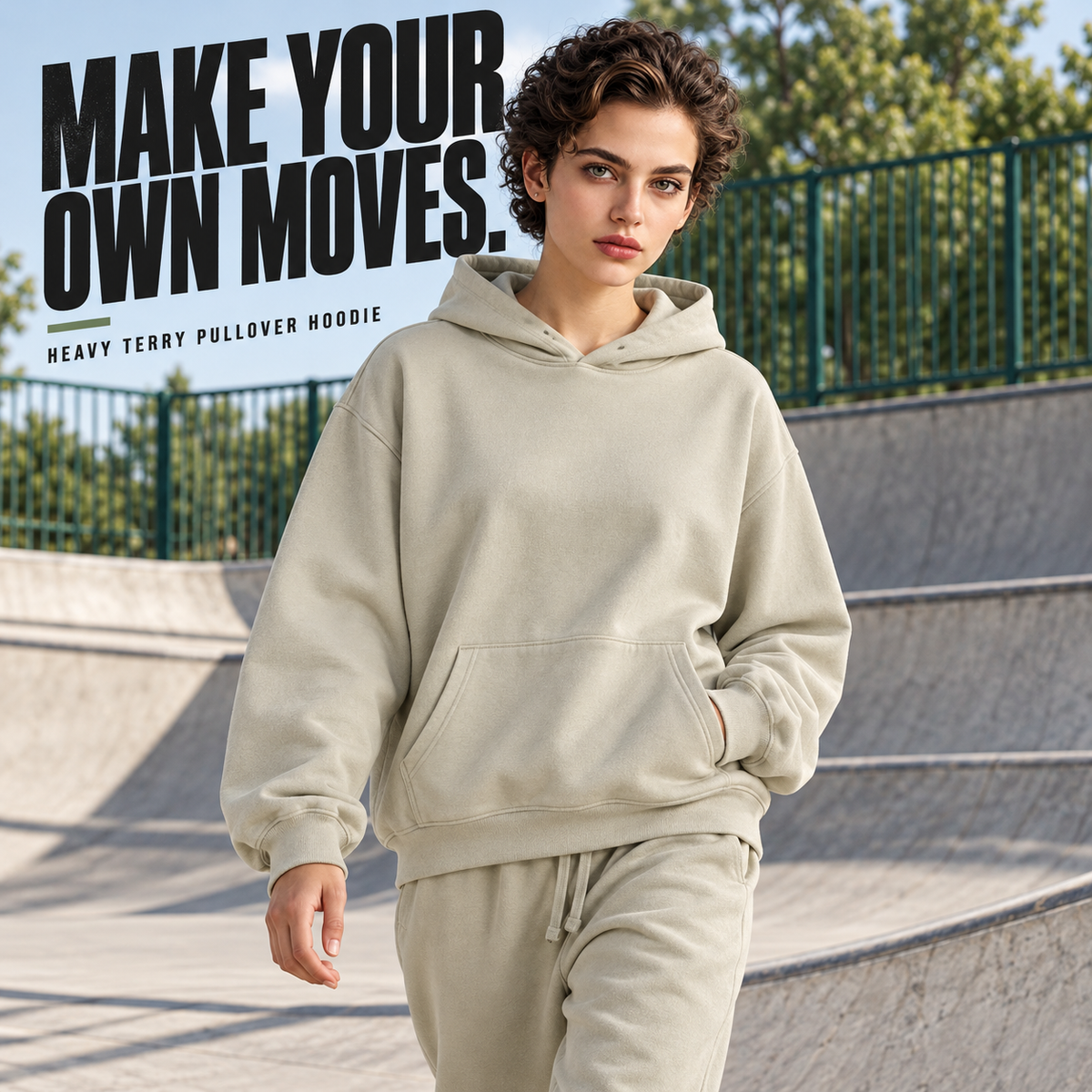 A1700 Sand heavy terry pullover hoodie, alternate styling view
