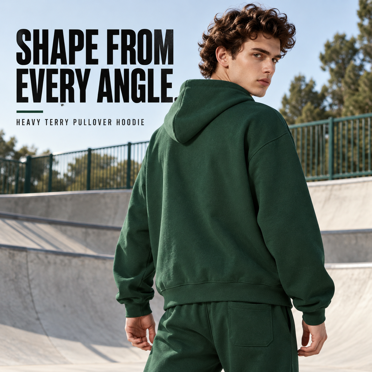 A1700 Forest Green heavy terry pullover hoodie, rear or three-quarter styling view