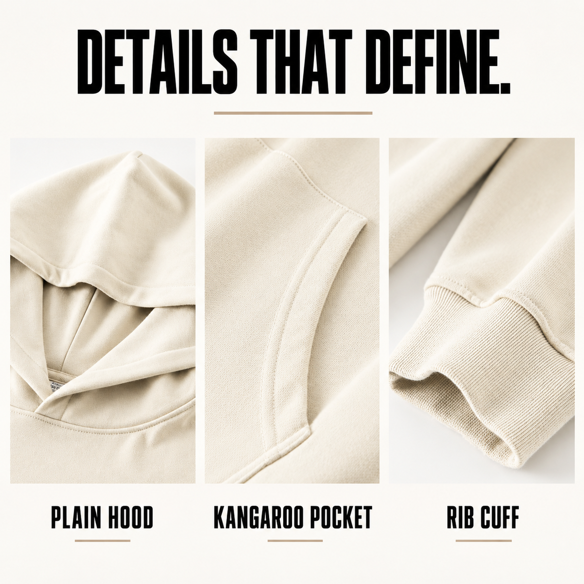 A1700 heavy terry pullover hoodie, close-up construction details