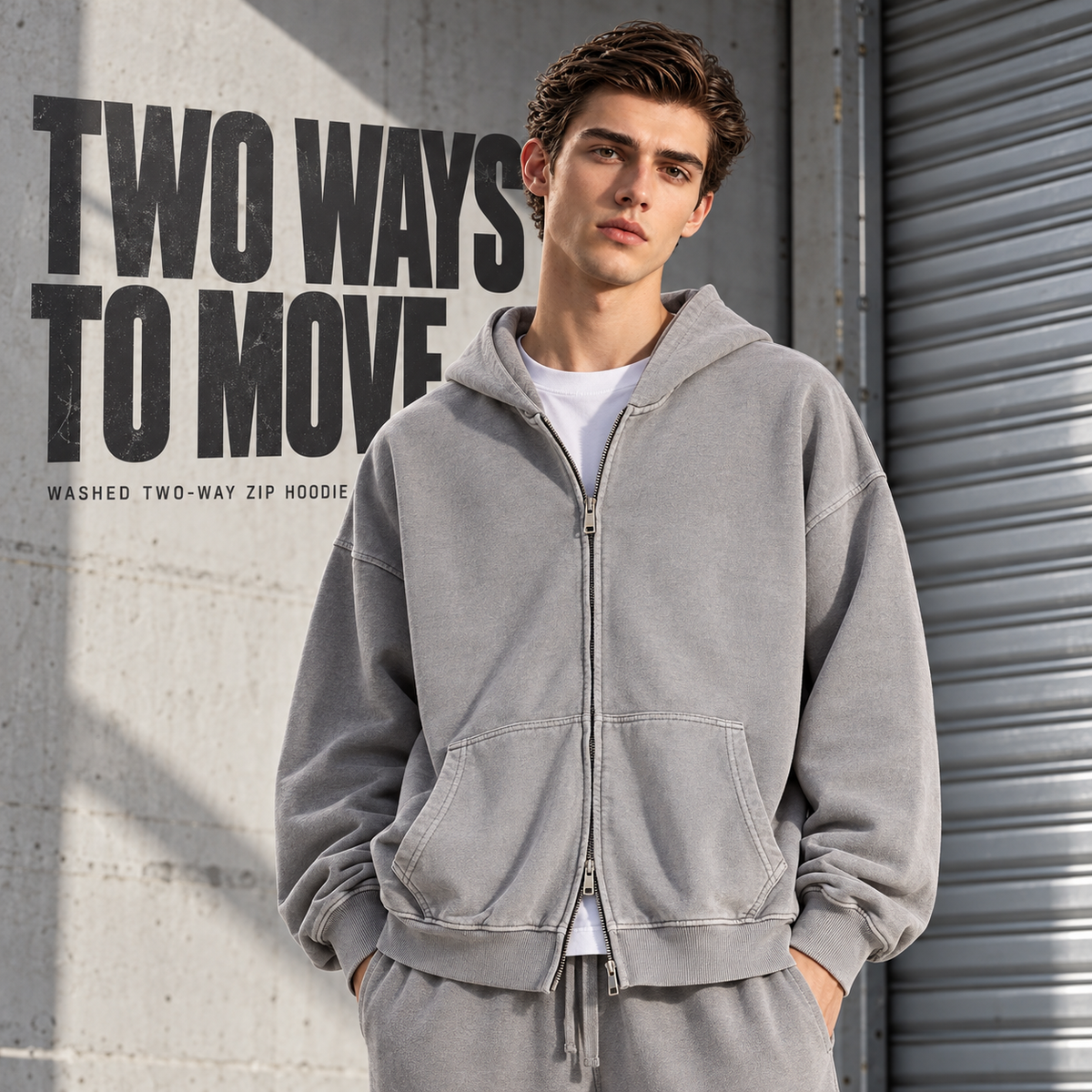 A17142 Medium Grey washed cotton two-way zip hoodie, front styling view