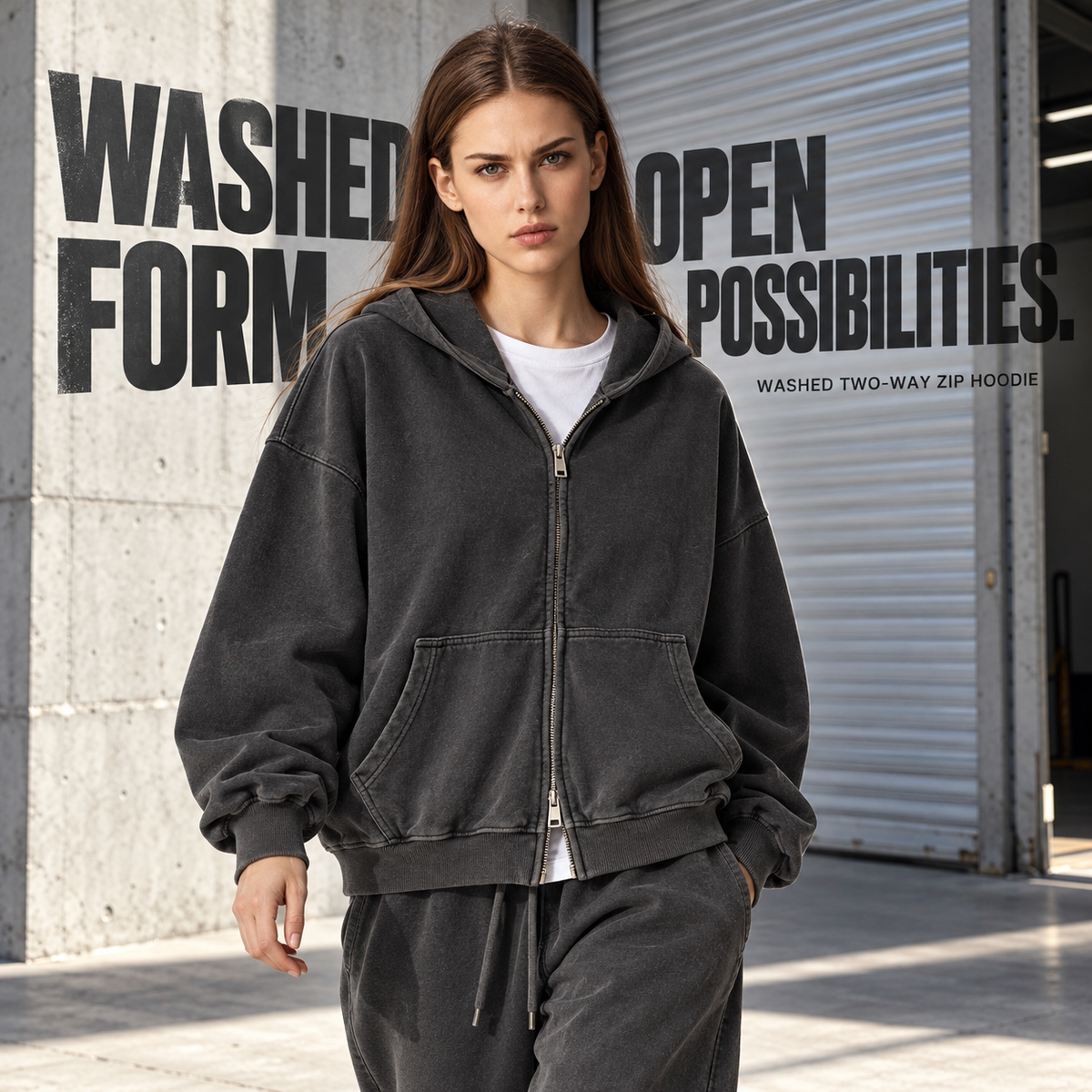 A17142 Dark Grey washed cotton two-way zip hoodie, alternate styling view