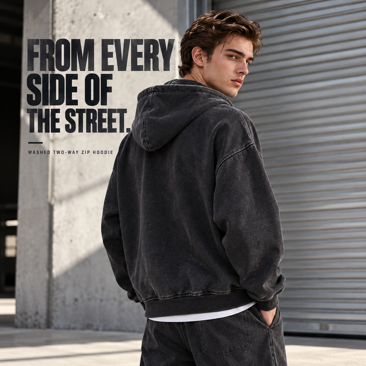 A17142 Snow-Wash Black washed cotton two-way zip hoodie, rear or three-quarter styling view