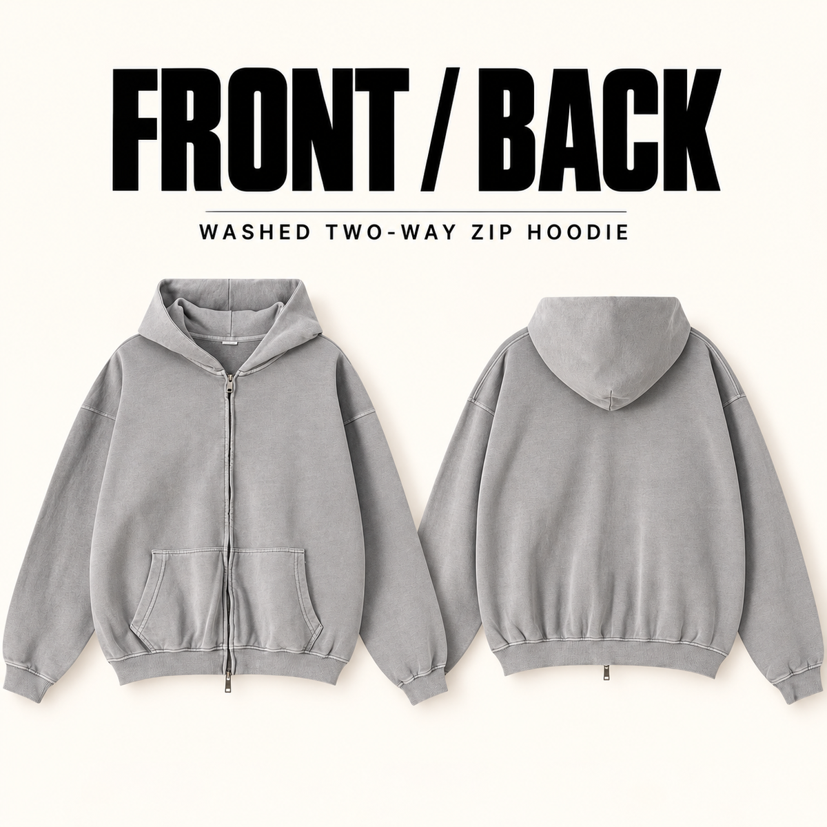 A17142 washed cotton two-way zip hoodie, front and back garment construction
