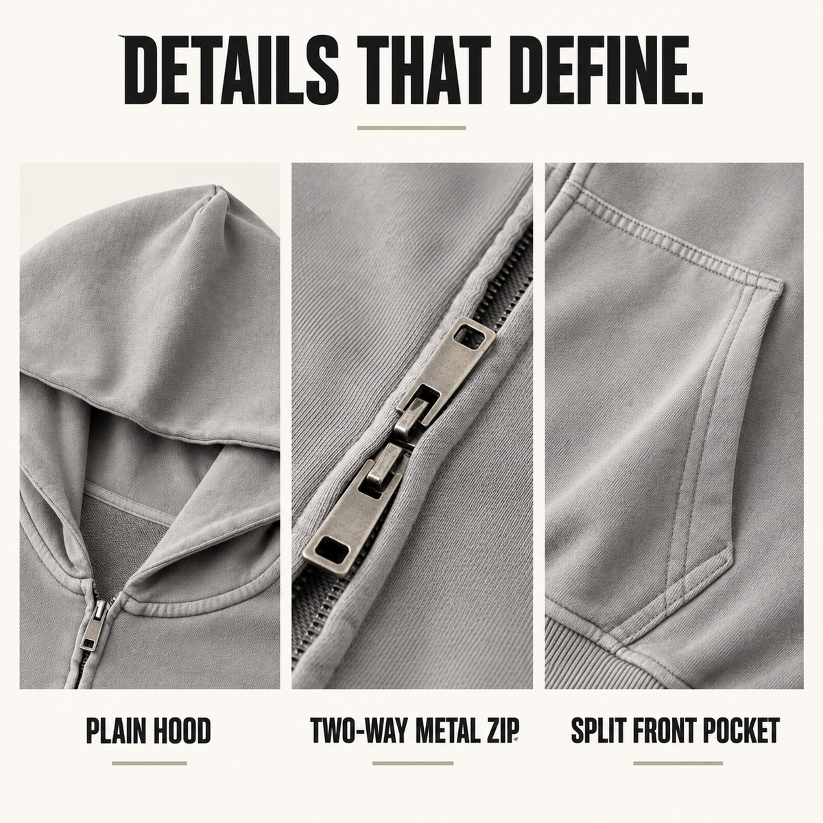 A17142 washed cotton two-way zip hoodie, close-up construction details