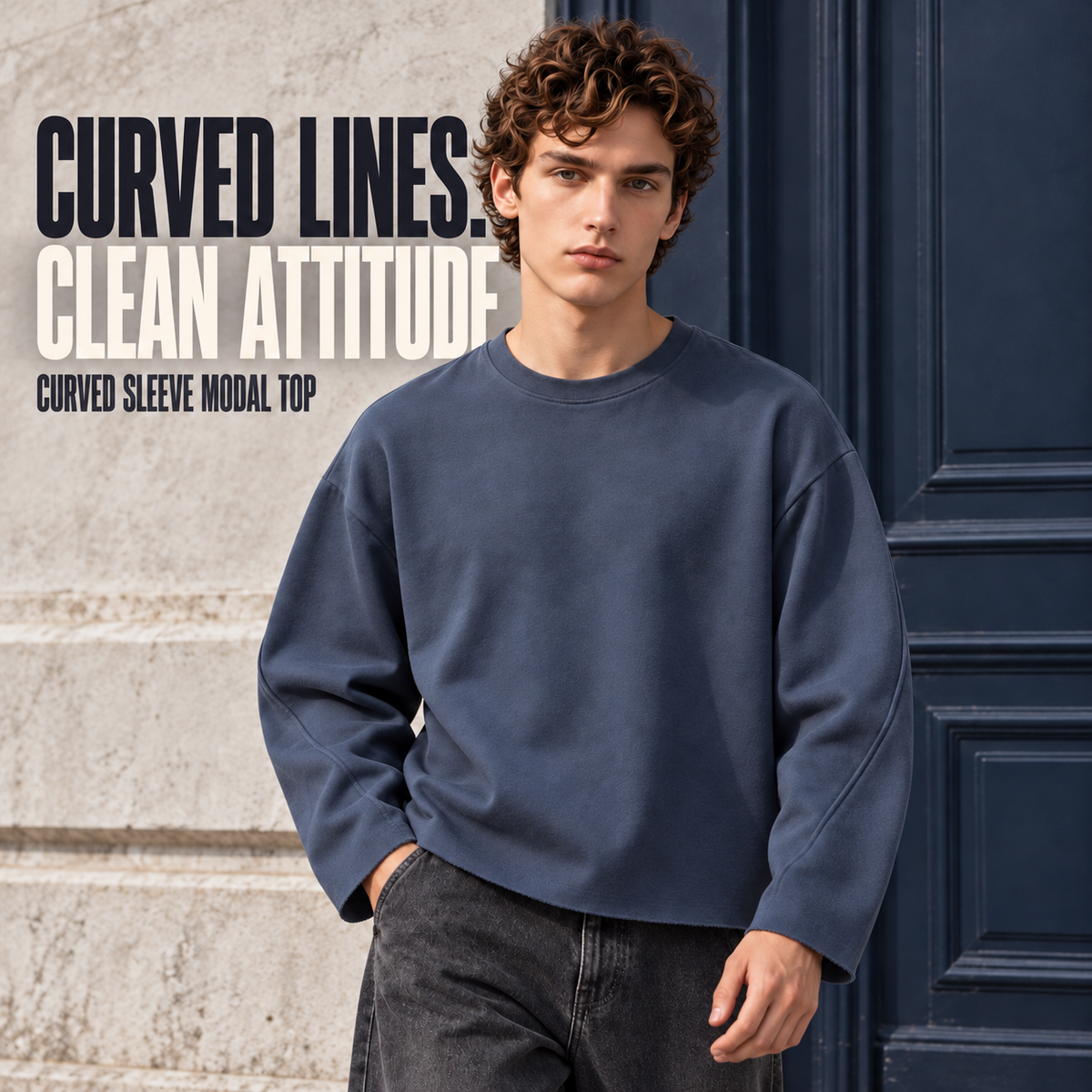 A19362 Denim Blue curved-sleeve modal blend long sleeve t-shirt, front styling view