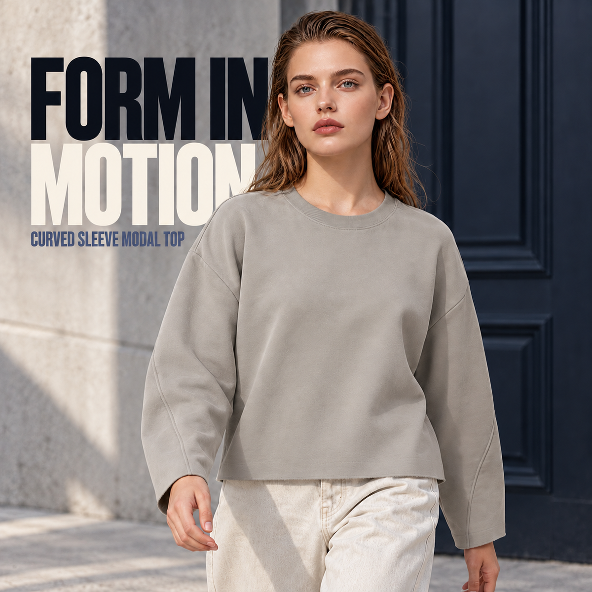 A19362 Shale curved-sleeve modal blend long sleeve t-shirt, alternate styling view