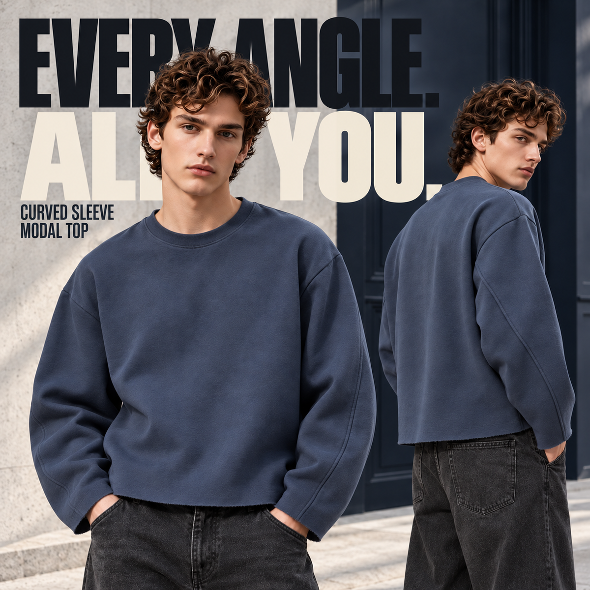A19362 Denim Blue curved-sleeve modal blend long sleeve t-shirt, rear or three-quarter styling view