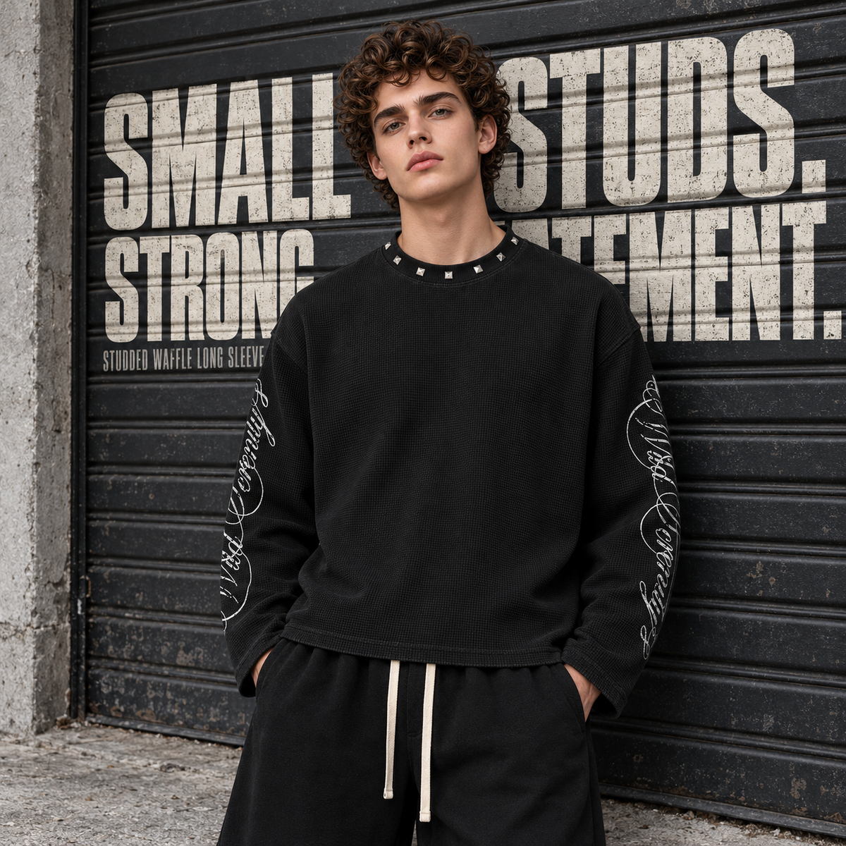 A2068 Black studded neck waffle long sleeve t-shirt, front styling view