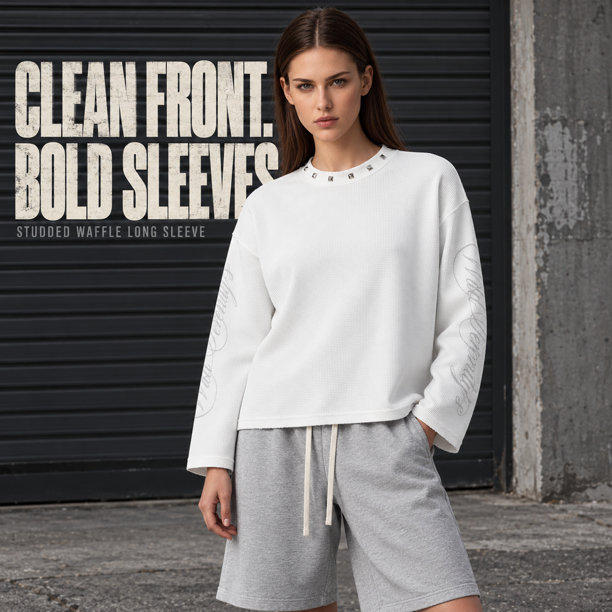 A2068 White studded neck waffle long sleeve t-shirt, alternate styling view