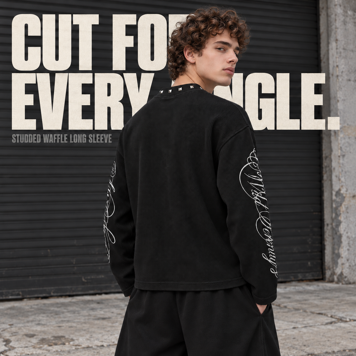 A2068 Black studded neck waffle long sleeve t-shirt, rear or three-quarter styling view