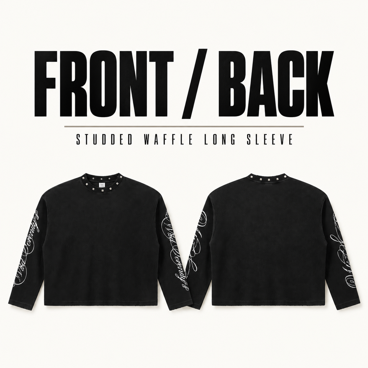 A2068 studded neck waffle long sleeve t-shirt, front and back garment construction