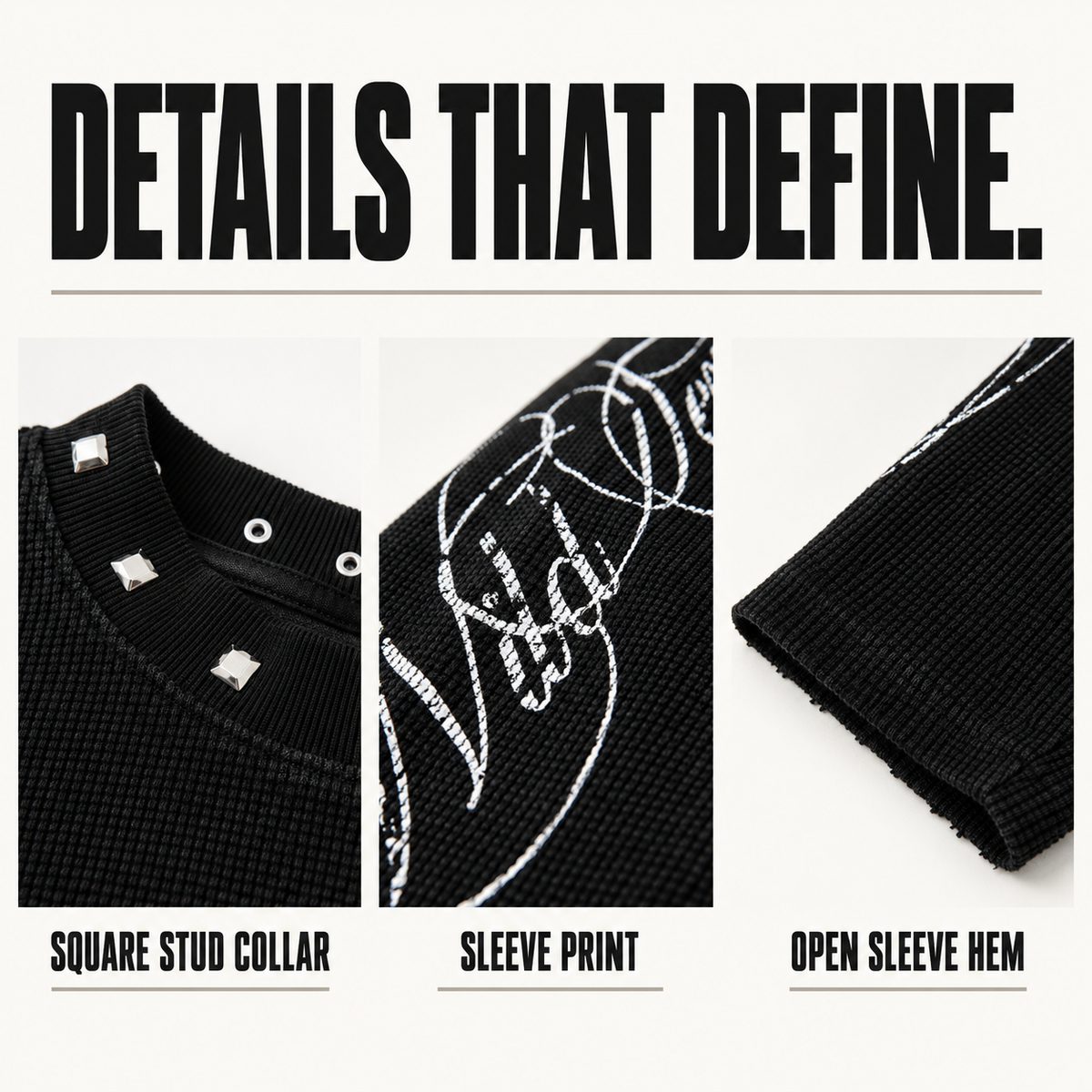 A2068 studded neck waffle long sleeve t-shirt, close-up construction details
