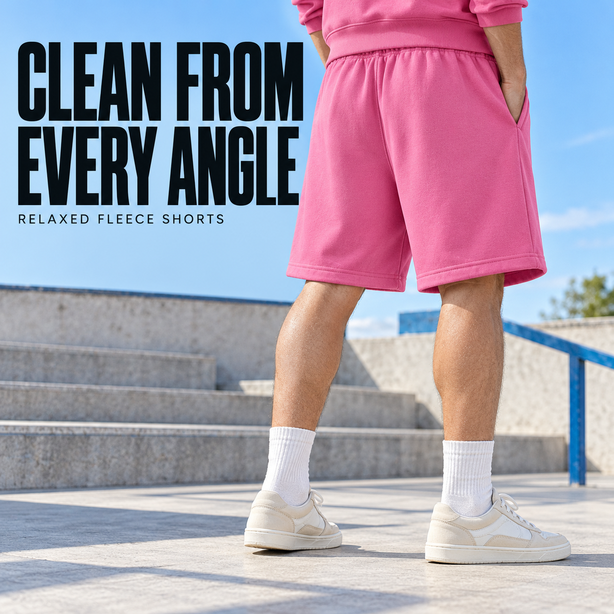 A20852 Rose Pink relaxed fleece sweat shorts, rear or three-quarter styling view
