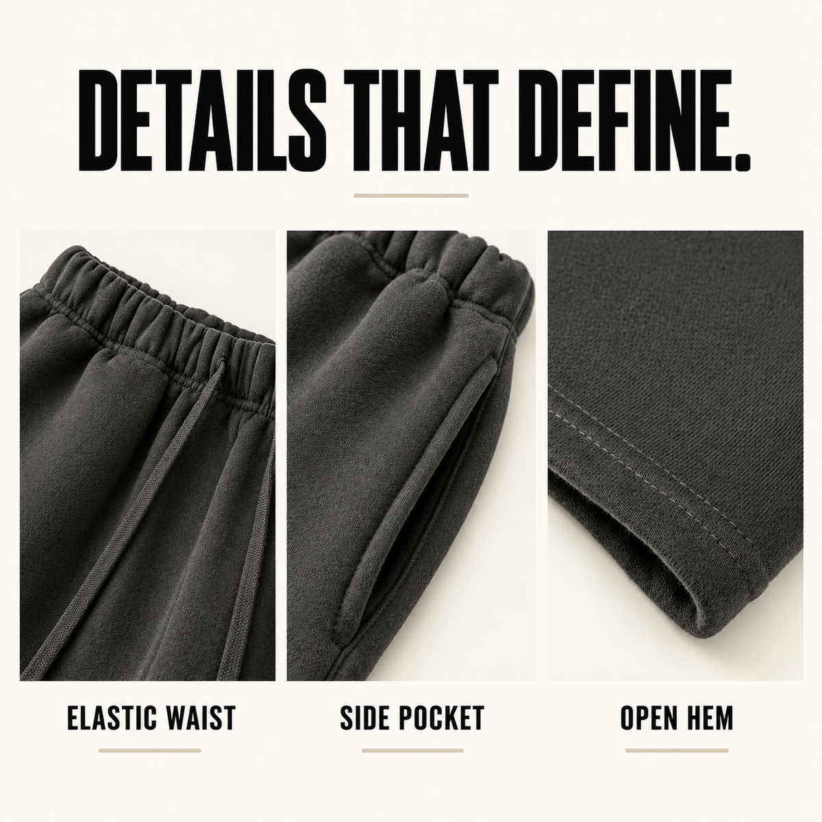 A20852 relaxed fleece sweat shorts, close-up construction details