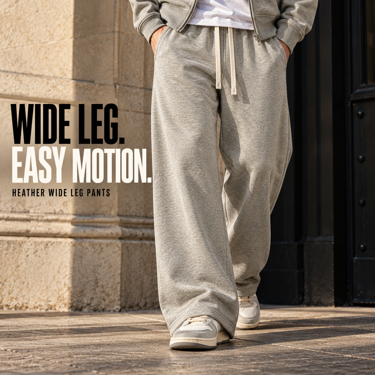 A22162 Oat Grey heather wide-leg drawcord sweatpants, front styling view