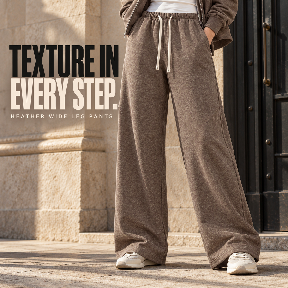 A22162 Taupe Brown heather wide-leg drawcord sweatpants, alternate styling view