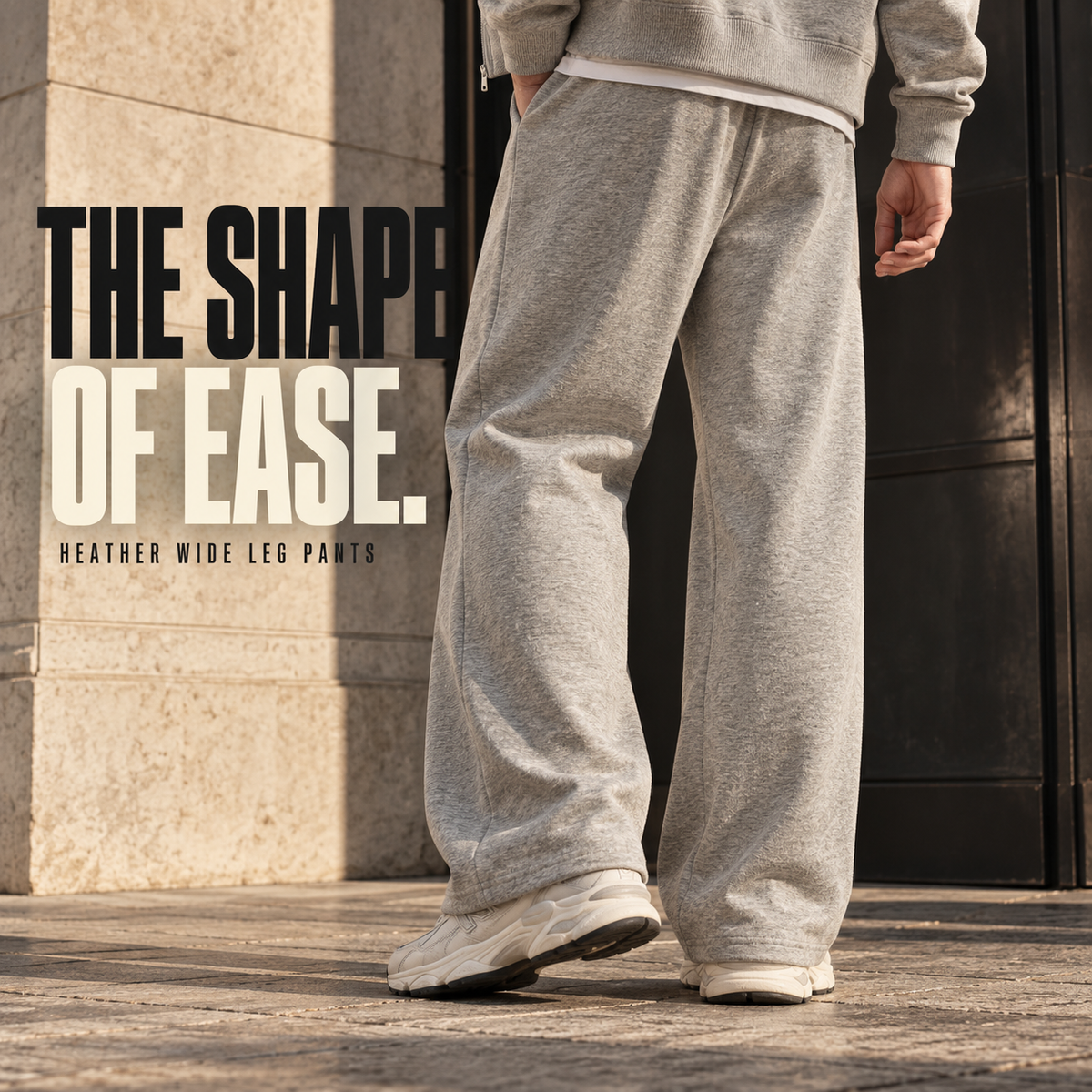 A22162 Oat Grey heather wide-leg drawcord sweatpants, rear or three-quarter styling view