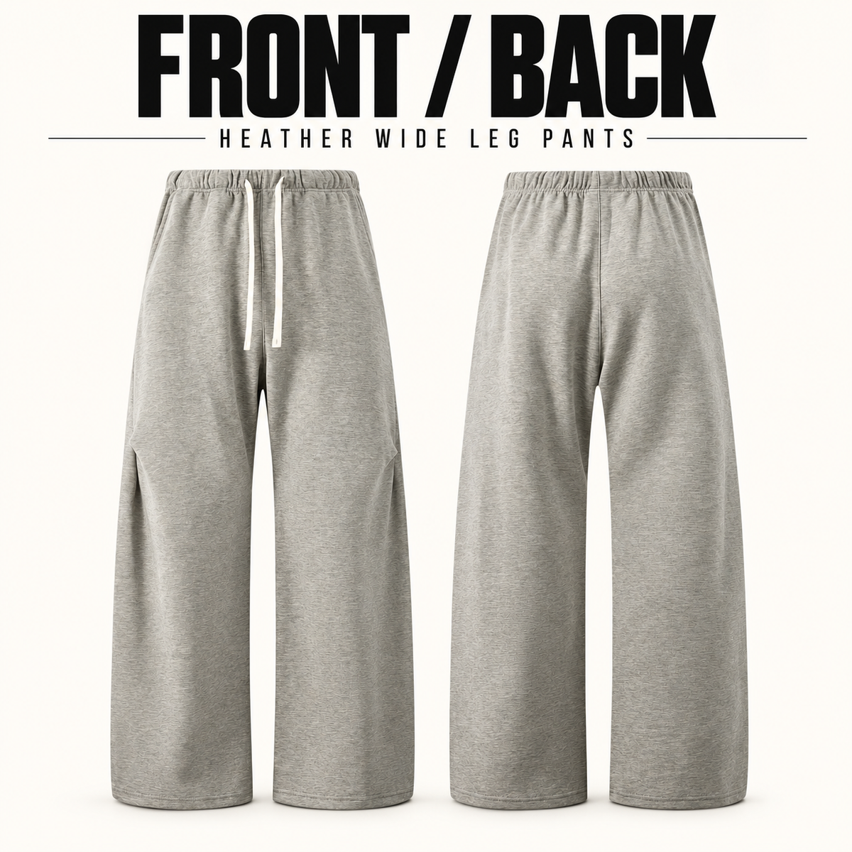 A22162 heather wide-leg drawcord sweatpants, front and back garment construction