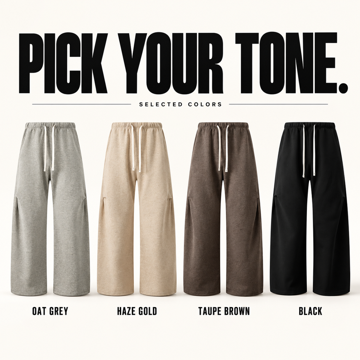 A22162 complete ready-stock color board showing Oat Grey, Haze Gold, Taupe Brown and Black