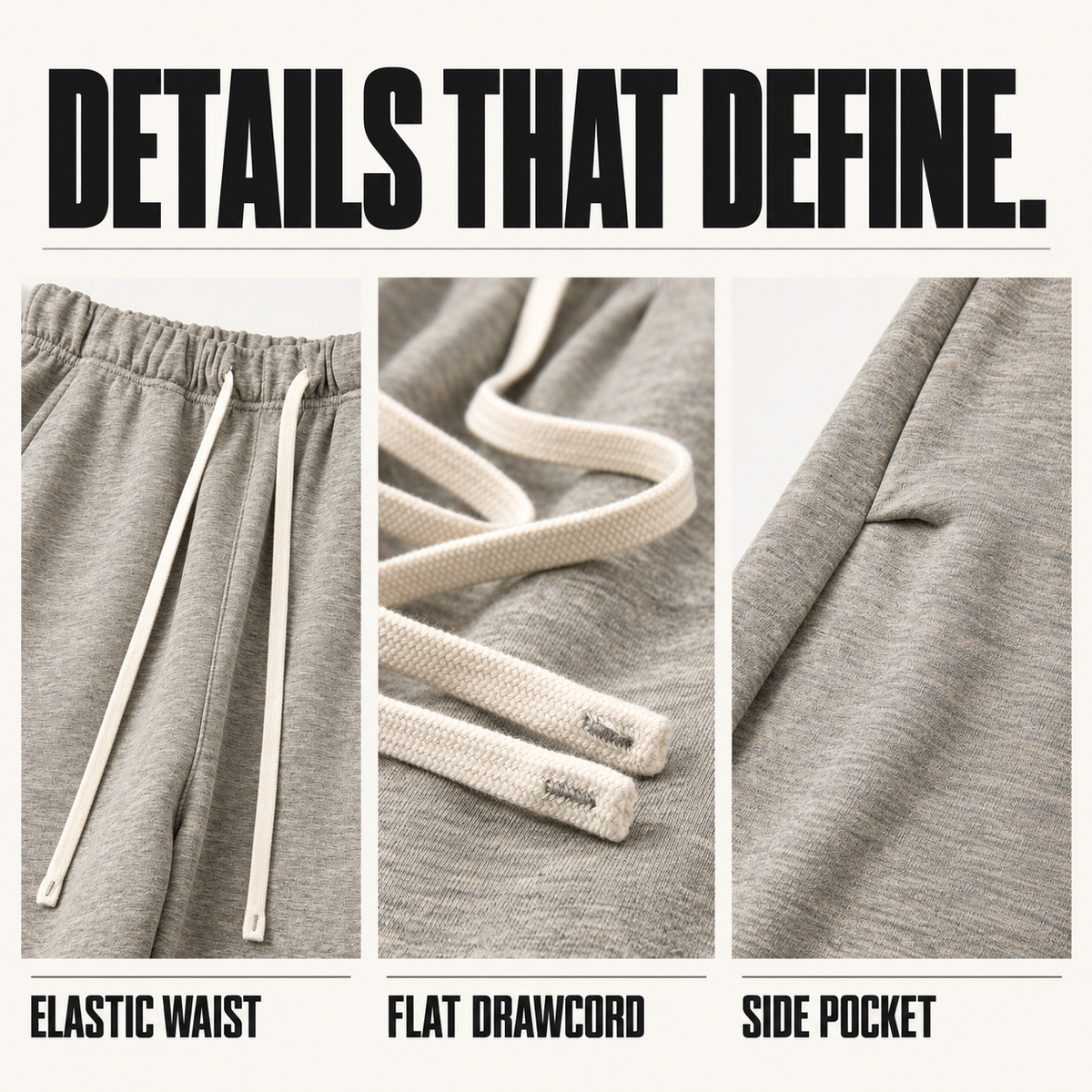A22162 heather wide-leg drawcord sweatpants, close-up construction details