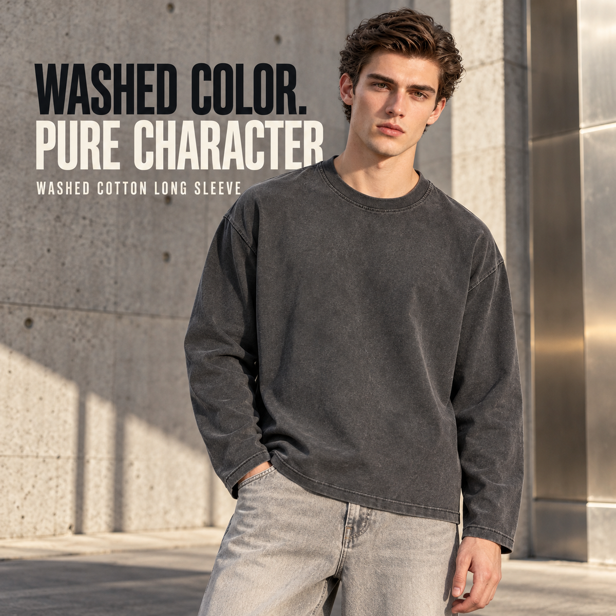 A22362 Dark Grey boxy washed cotton long sleeve t-shirt, front styling view