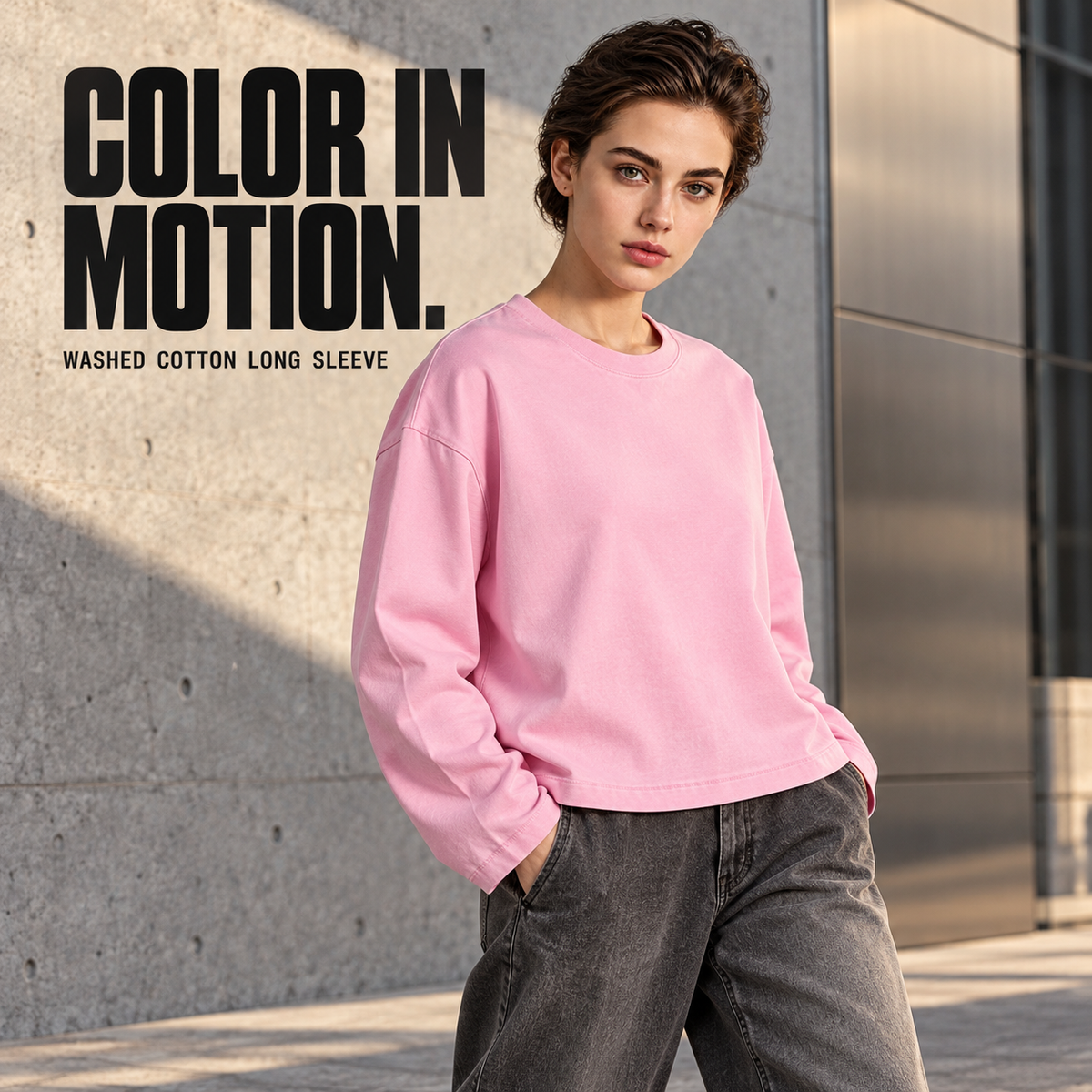 A22362 Peach Pink boxy washed cotton long sleeve t-shirt, alternate styling view