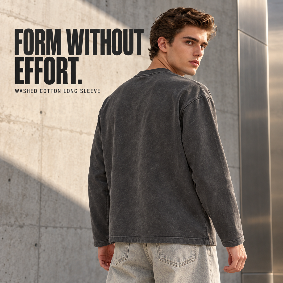 A22362 Dark Grey boxy washed cotton long sleeve t-shirt, rear or three-quarter styling view