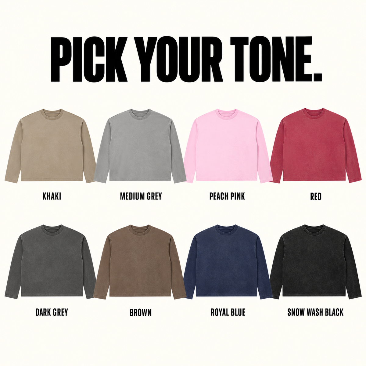 A22362 complete ready-stock color selection board showing Khaki, Medium Grey, Peach Pink, Red, Dark Grey, Brown, Royal Blue, Snow Wash Black