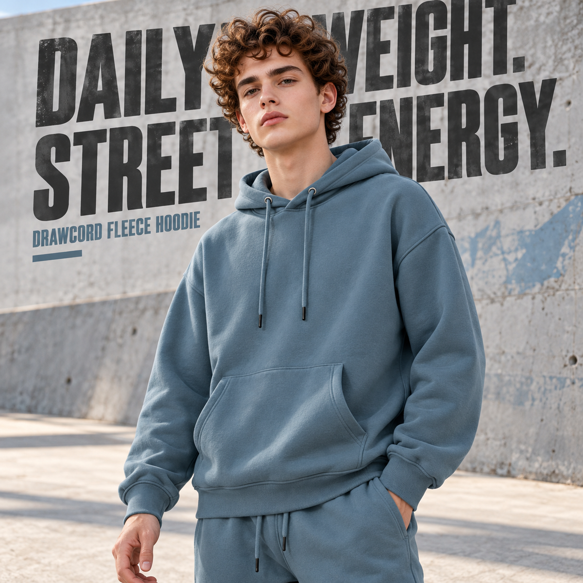 A2262 Haze Blue drawcord fleece pullover hoodie, front styling view