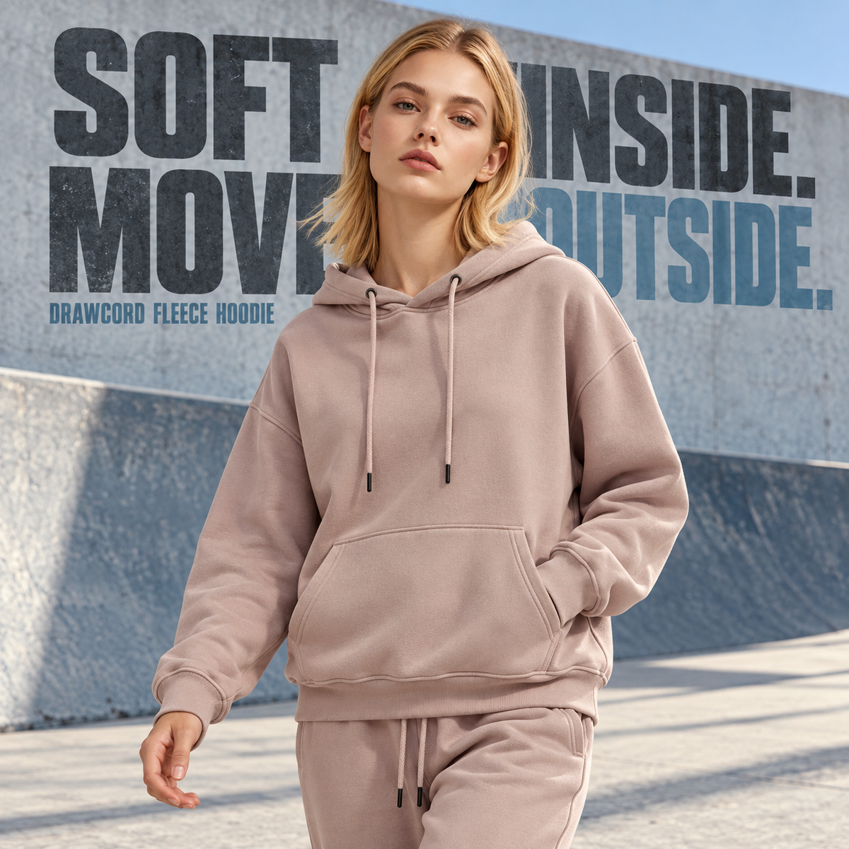 A2262 Ash Pink drawcord fleece pullover hoodie, alternate styling view