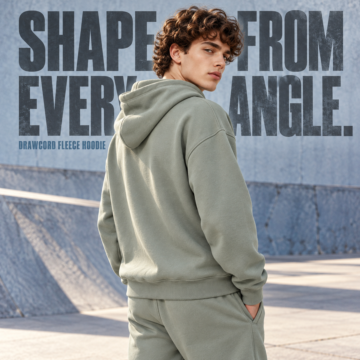A2262 Grey Green drawcord fleece pullover hoodie, rear or three-quarter styling view