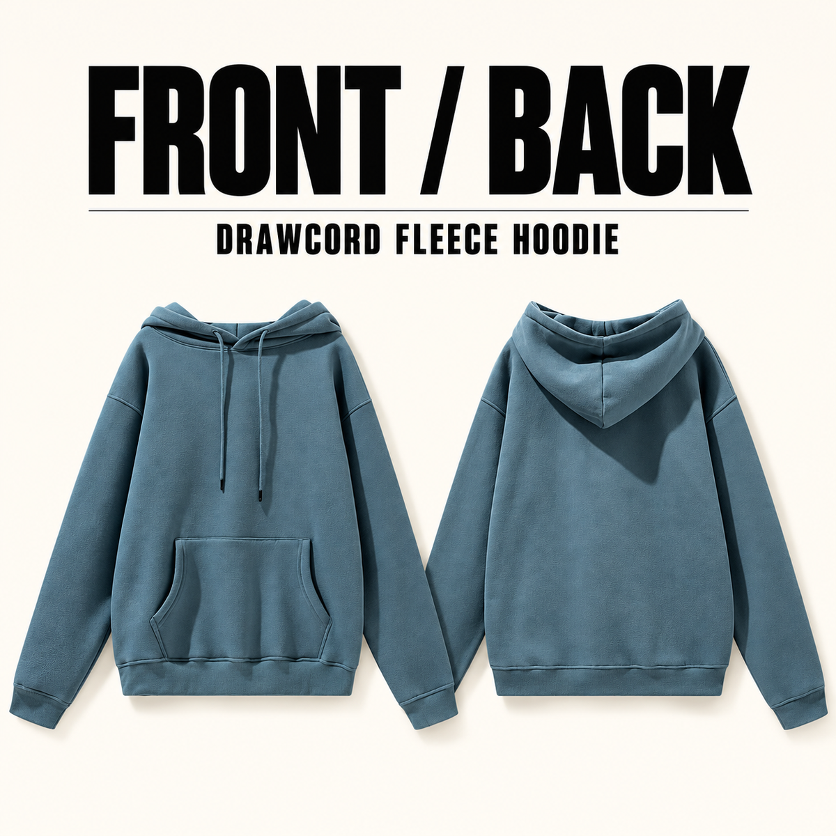 A2262 drawcord fleece pullover hoodie, front and back garment construction