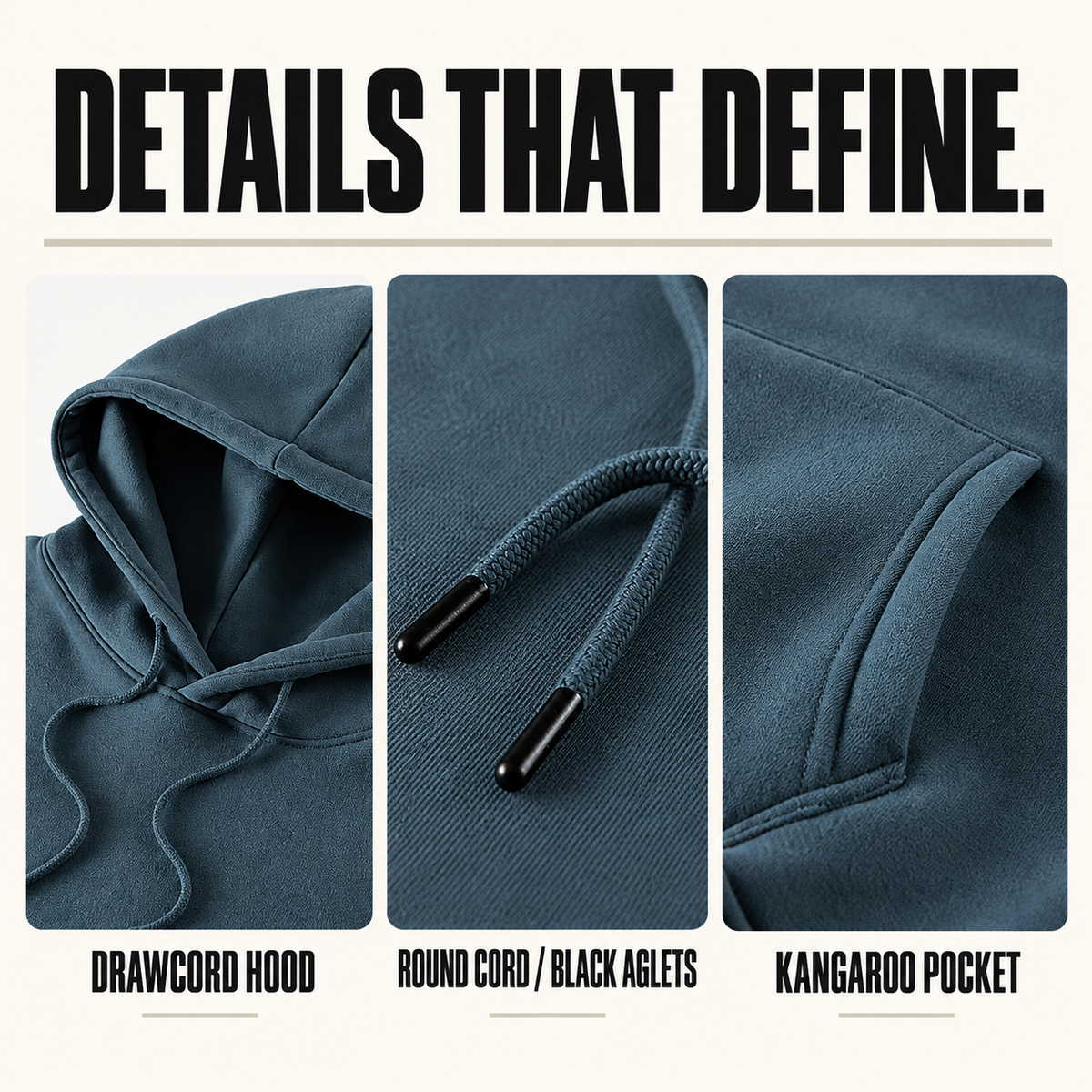 A2262 drawcord fleece pullover hoodie, close-up construction details