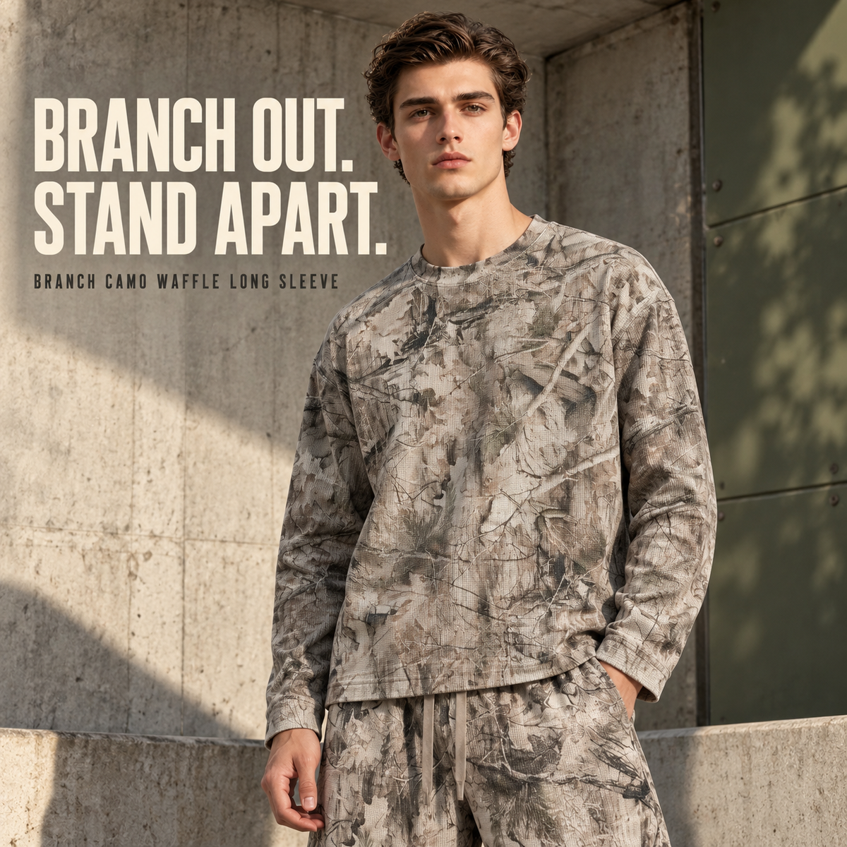 A23162 Branch Camo branch camo waffle long sleeve t-shirt, front styling view