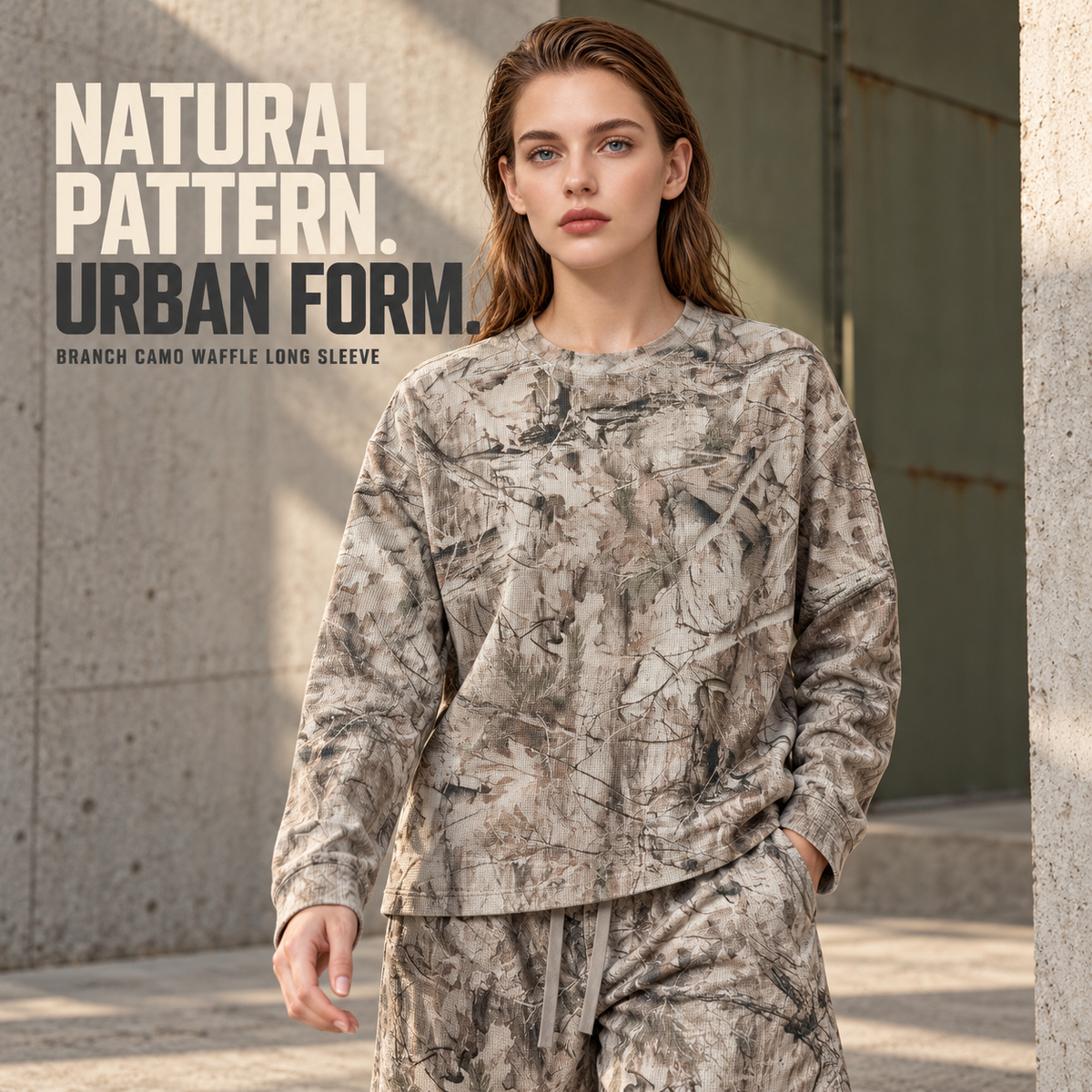 A23162 Branch Camo branch camo waffle long sleeve t-shirt, alternate styling view