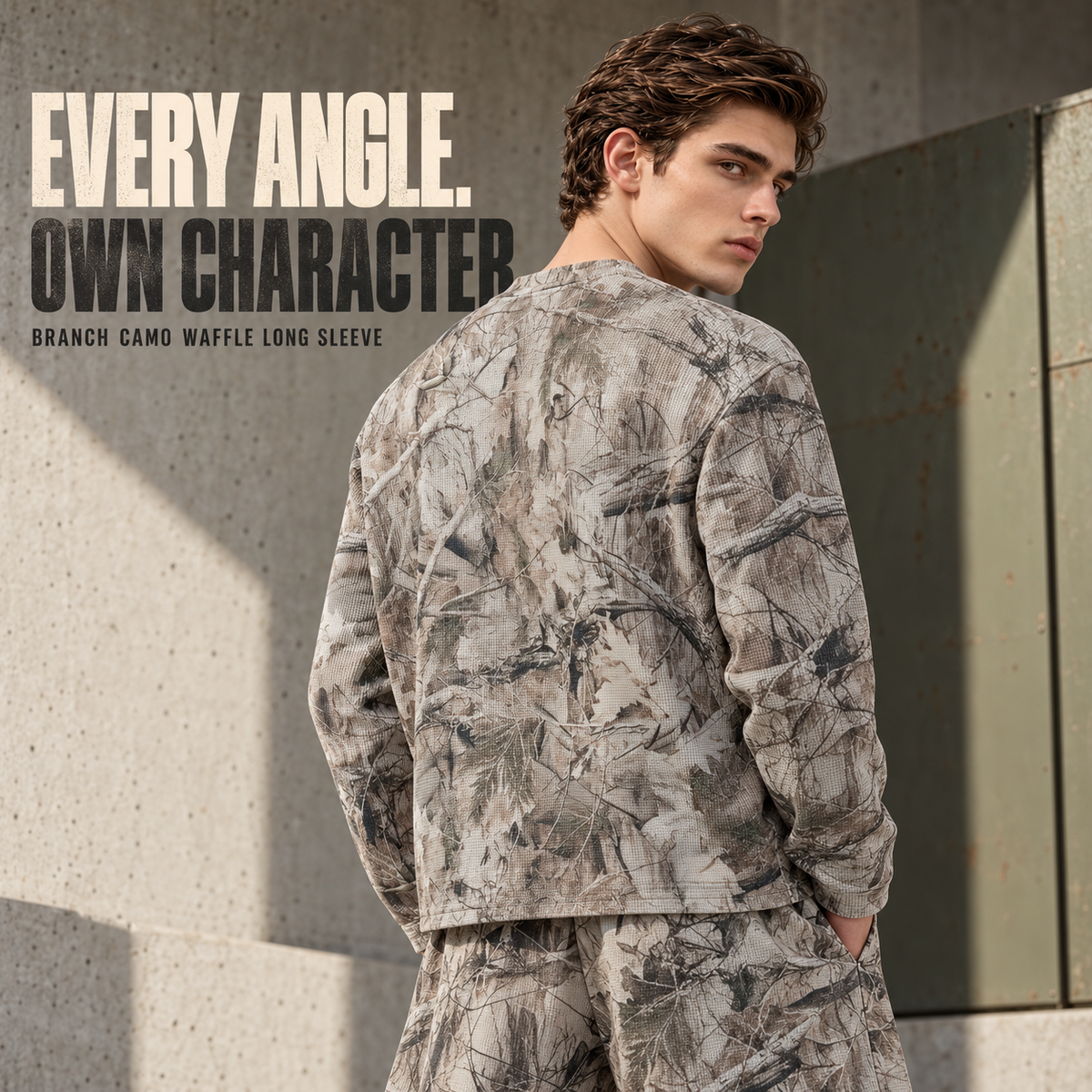A23162 Branch Camo branch camo waffle long sleeve t-shirt, rear or three-quarter styling view