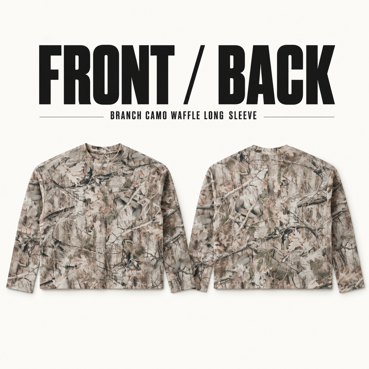 A23162 branch camo waffle long sleeve t-shirt, front and back garment construction