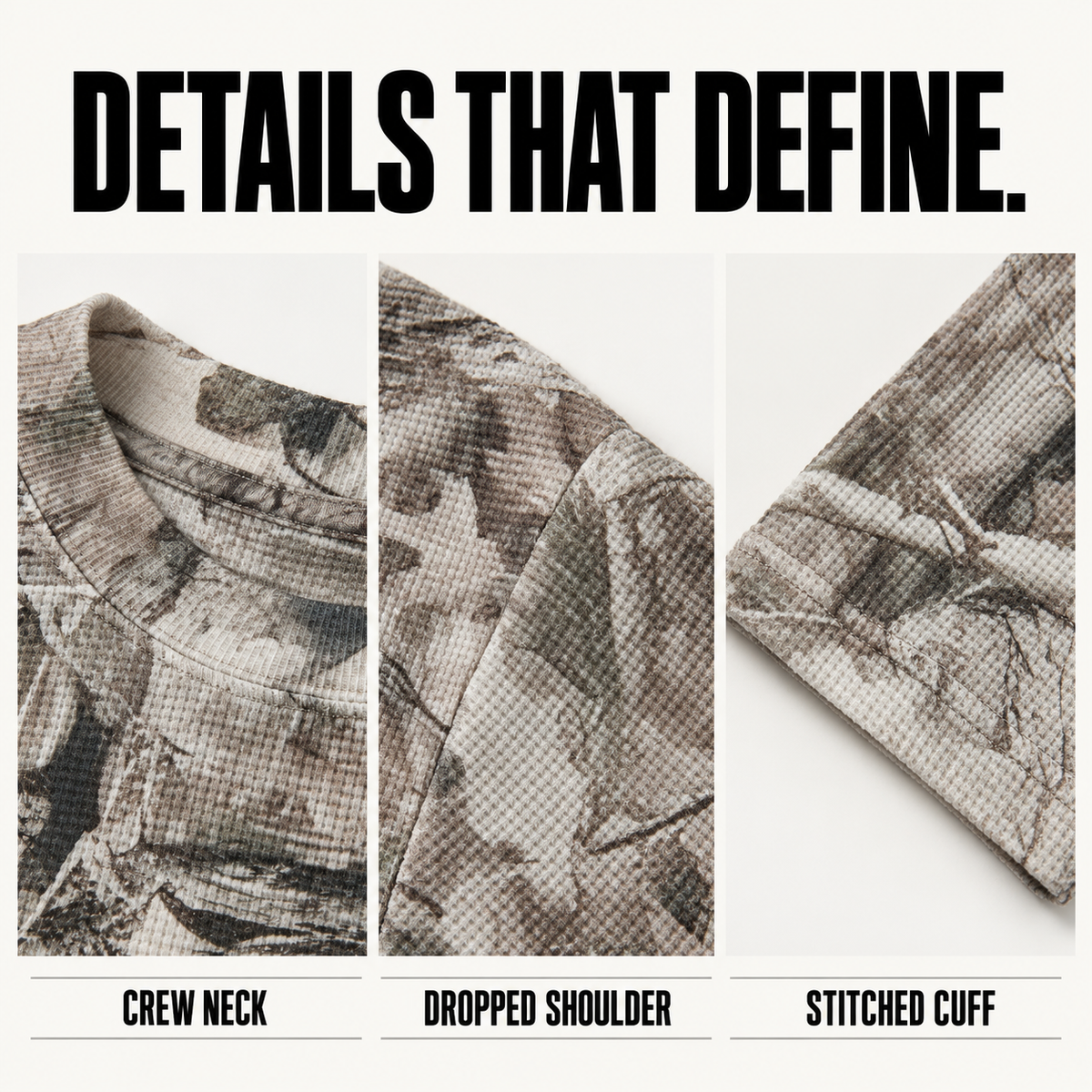 A23162 branch camo waffle long sleeve t-shirt, close-up construction details