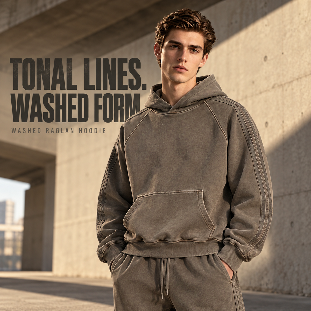 A2342 Coffee washed cotton raglan hoodie with sleeve tapes, front styling view