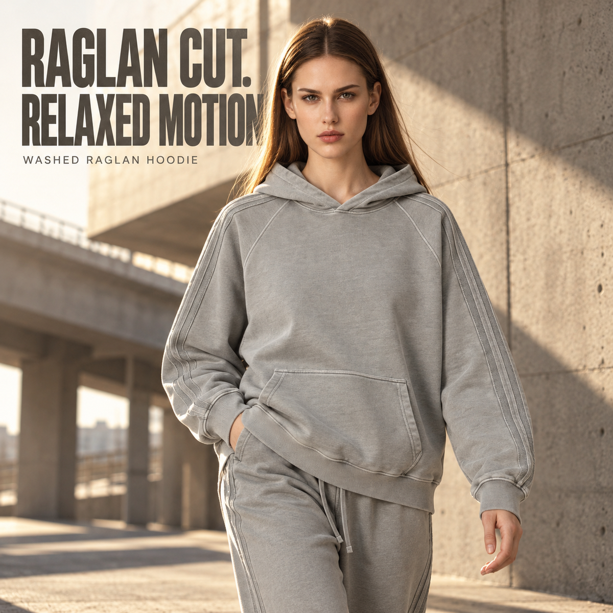 A2342 Medium Grey washed cotton raglan hoodie with sleeve tapes, alternate styling view